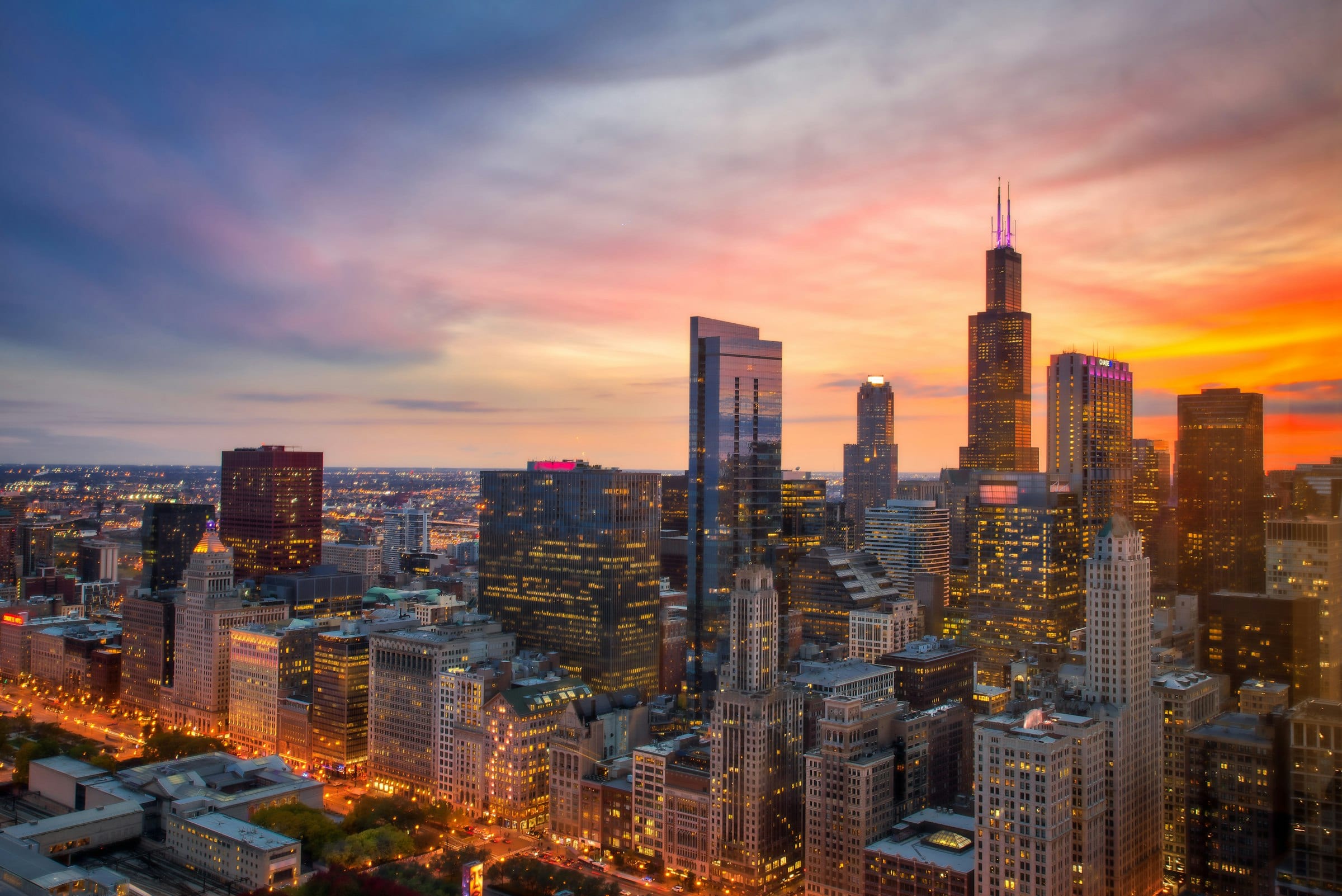Downtown Chicago at sunset, seen from above